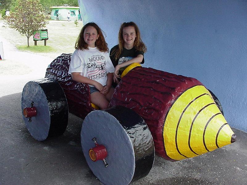 Stephanie and Gretchen in car.jpg - 2000 - The Flintstone Theme Park in Custer, SD - Stephanie & Gretchen